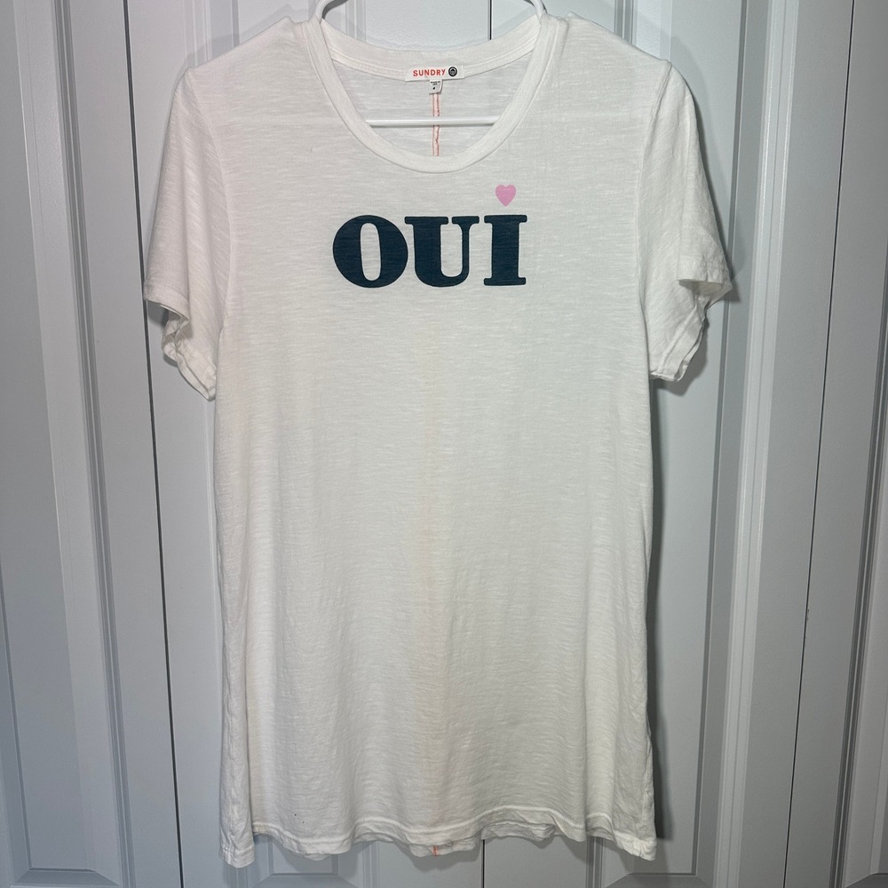 Sundry Oui Graphic Tee Women 4 / XL White Pima Cotton Short Sleeve Heart Slub